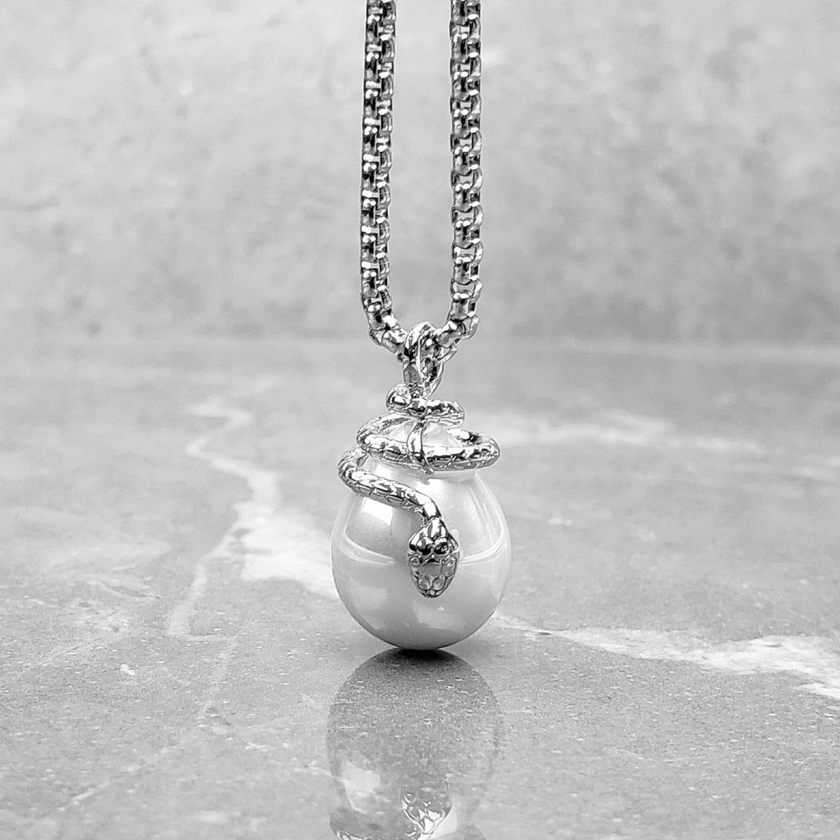 Men's "SILVER PEARL OUROBOROS" Necklace| Men's Silver Stainless Steel Ouroboros Snake Pearl Pendant Necklace| Men's Box Chain Necklace