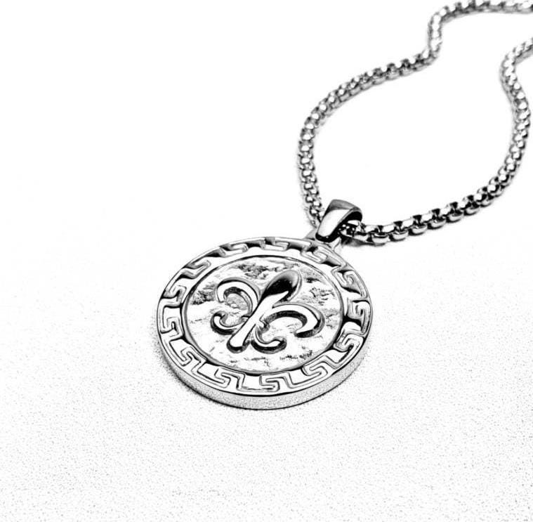 Men's "FLEUR de LIS MEDALLION" Necklace| Men's Silver Stainless Steel Fleur de Lis Coin Medallion Pendant Necklace| Men's Silver Box Chain