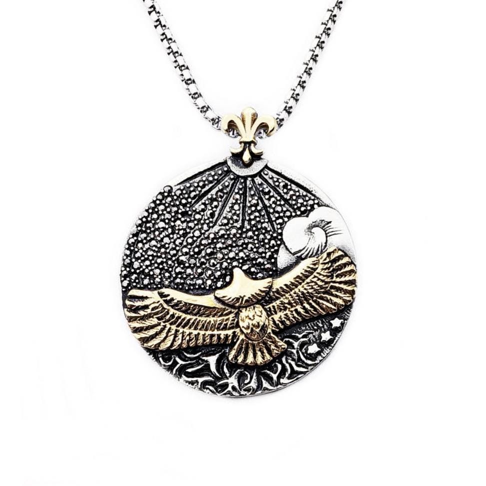 Men's "ICARUS MEDALLION" Necklace| Men's Silver Gold Stainless Steel Icarus Fleur de Lis Medallion Pendant Necklace| Men's Silver Box Chain