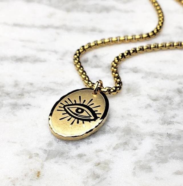 Men's "EYE OF PROTECTION" Necklace| Mens Gold Stainless Steel Evil Eye Oval Coin Pendant Necklace| Men's Gold Stainless Steel Chain Necklace