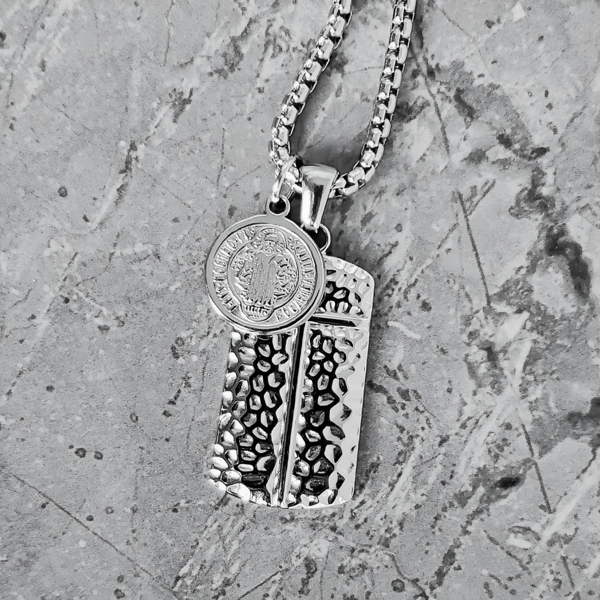 Men's "SAINTS CROSS TAG" Necklace| Men's Hammered Silver Stainless Steel Cross Dog Tag Saint Benedict Coin Pendant Necklace| Men's Saint