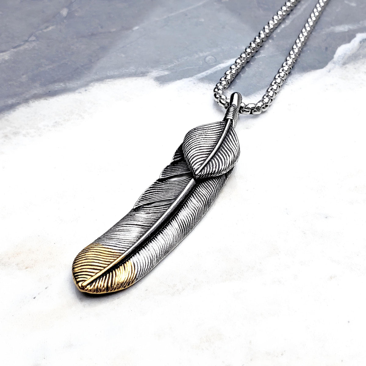 Men's "TRIBAL FEATHER" Necklace| Men's Silver & Gold Stainless Steel Tribal Eagle Feather Pendant Necklace| Mens Silver Chain Necklace