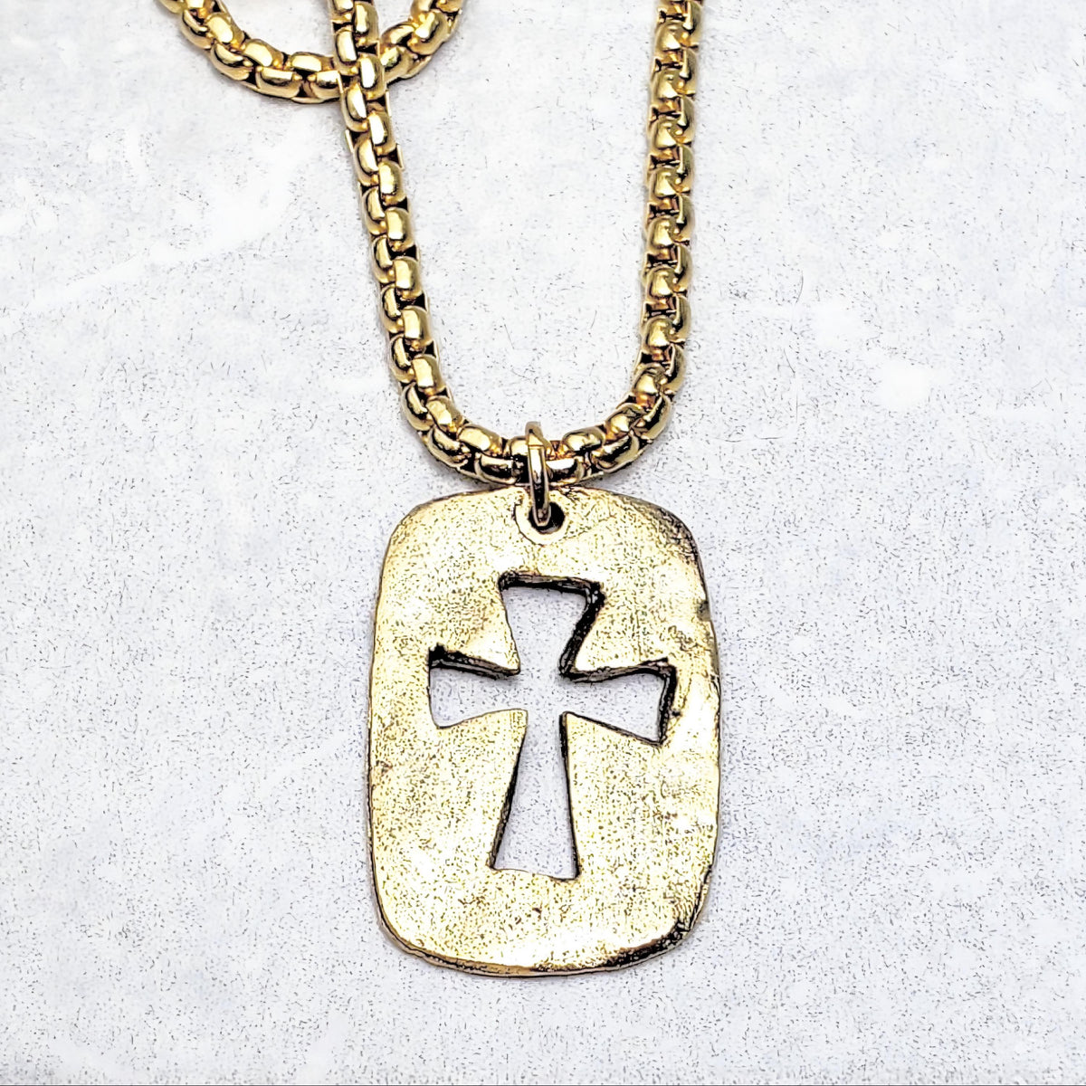 Men's "RUSTIC CROSS TAG" Necklace| Men's Gold Stainless Steel Rustic Cross Dog Tag Pendant Necklace| Mens Stainless Steel Chain Necklace