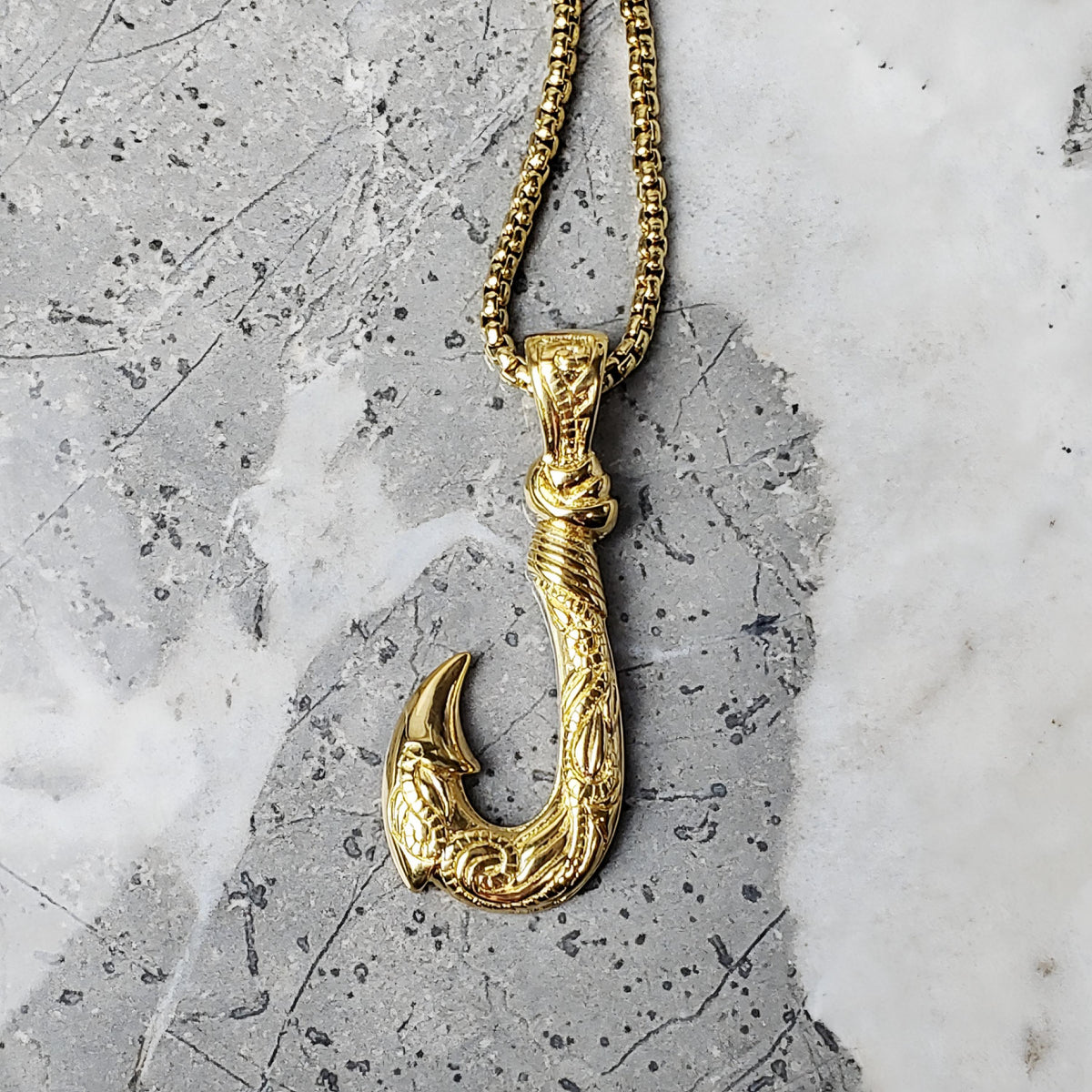 Men's "MAORI FISH HOOK" Necklace| Men's Gold Stainless Steel Maori Fish Hook Pendant Necklace| Men's Gold Box Chain Necklace
