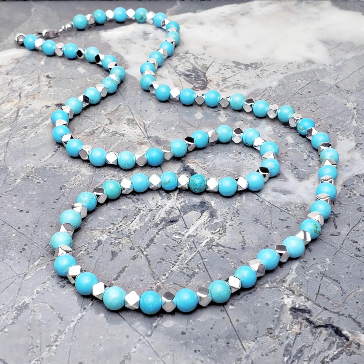 Men's "SILVER & TURQUOISE" Necklace| Men's Silver Hematite Hexagon Turquoise Gemstone Beaded Necklace| Men's Turquoise Silver Wrap Bracelet