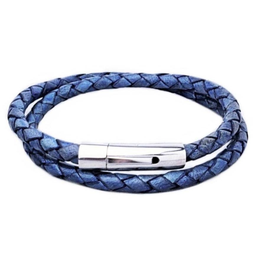 Men's "DISTRESSED DENIM BOLO" Bracelet| Men's Denim Blue Braided Leather Double Wrap Bracelet| Men's Silver Stainless Steel Magnetic Clasp