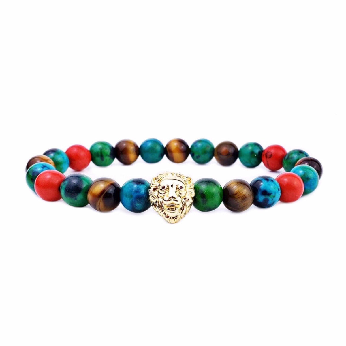 Men's "MYKONOS LION" Bracelet| Men's Gold Pave Cubic Zirconia Lion Bracelet| Men's Tiger Eye Red Jade Chrysocolla Gemstone Bracelet