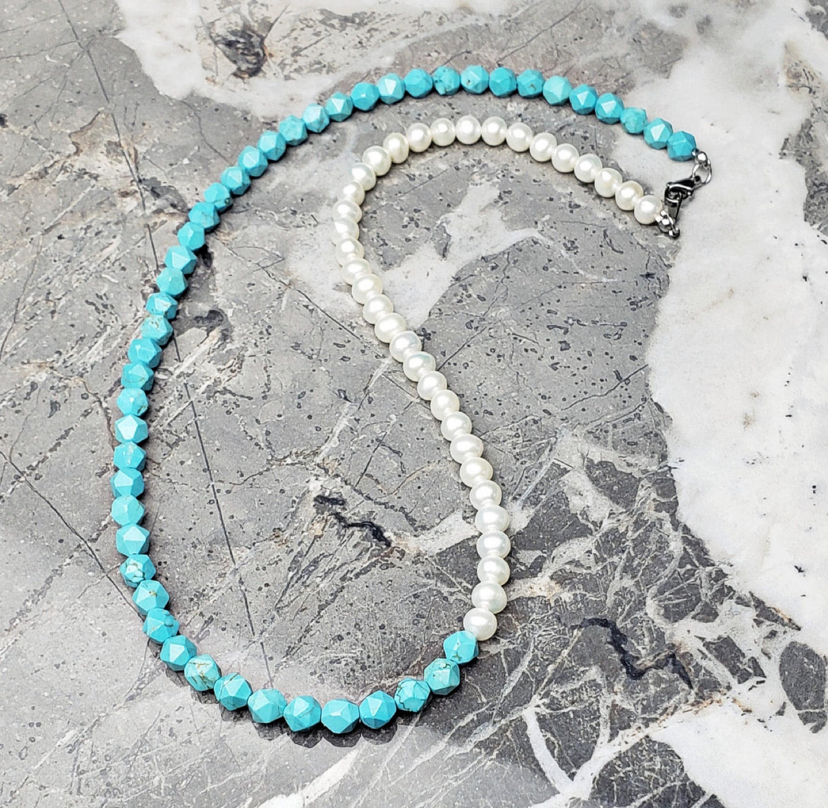 Men's "TURQUOISE & PEARLS" Necklace| Men's Freshwater Pearls Star Cut Faceted Turquoise Gemstone Necklace| Men Freshwater Pearl Necklace