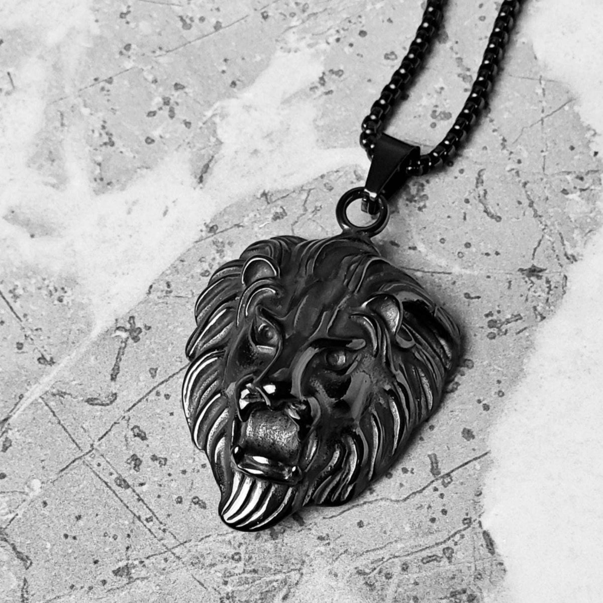 Men's "BLACK LUX LION" Pendant Necklace| Men's Black Stainless Steel Lion Pendant Necklace| Men's Black Stainless Steel Box Chain Necklace
