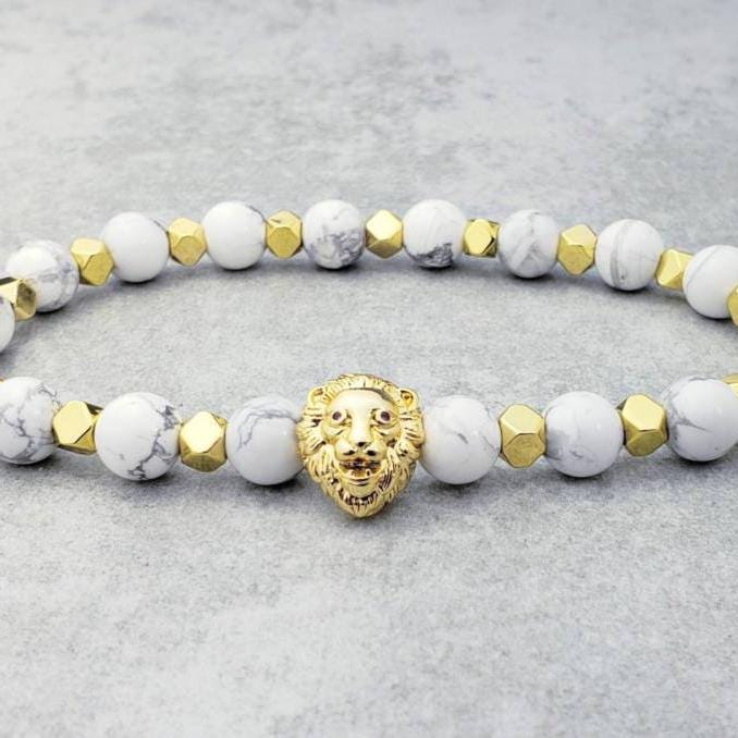 Men's "GOLDEN WHITE LION" Bracelet| Men's Pave Cubic Zirconia Gold Lion Bracelet| Mens White Howlite Gold Hematite Hexagon Gemstone Bracelet