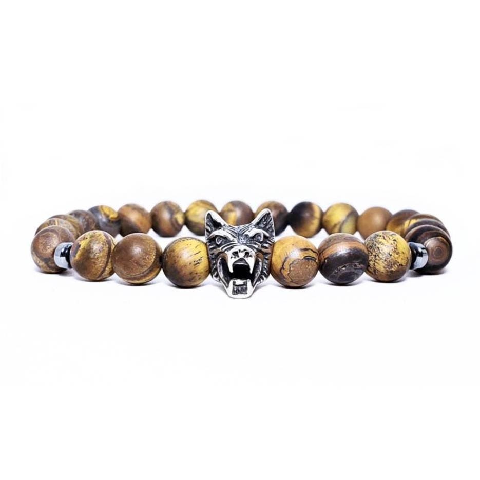 Men's "TIGER EYE WOLF" Bracelet| Men's Silver Stainless Steel Wolf Bead Bracelet| Men's Matte Tiger Eye Gemstone Wolf Bracelet