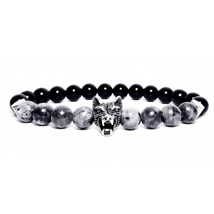 Men's "BLACK VELVET WOLF" Bracelet| Men's Silver Stainless Steel Wolf Bead Bracelet| Men's Labradorite Black Onyx Gemstone Wolf Bracelet