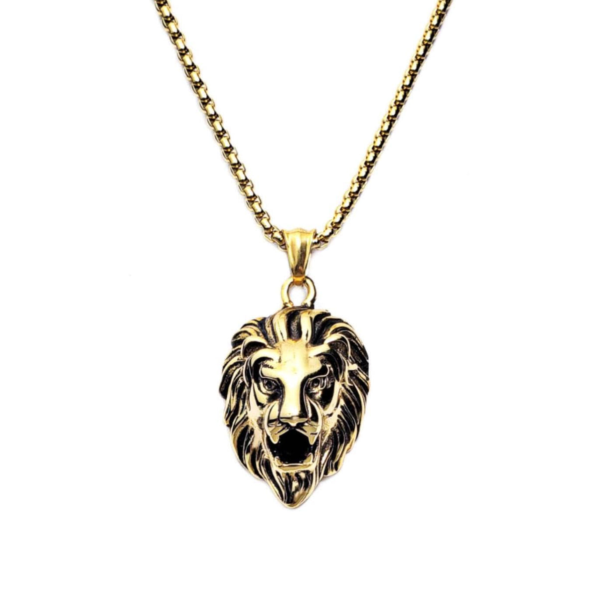 Men's "GOLD LUX LION" Pendant Necklace| Men's Gold Stainless Steel Lion Pendant Necklace| Men's Gold Stainless Steel Box Chain Necklace