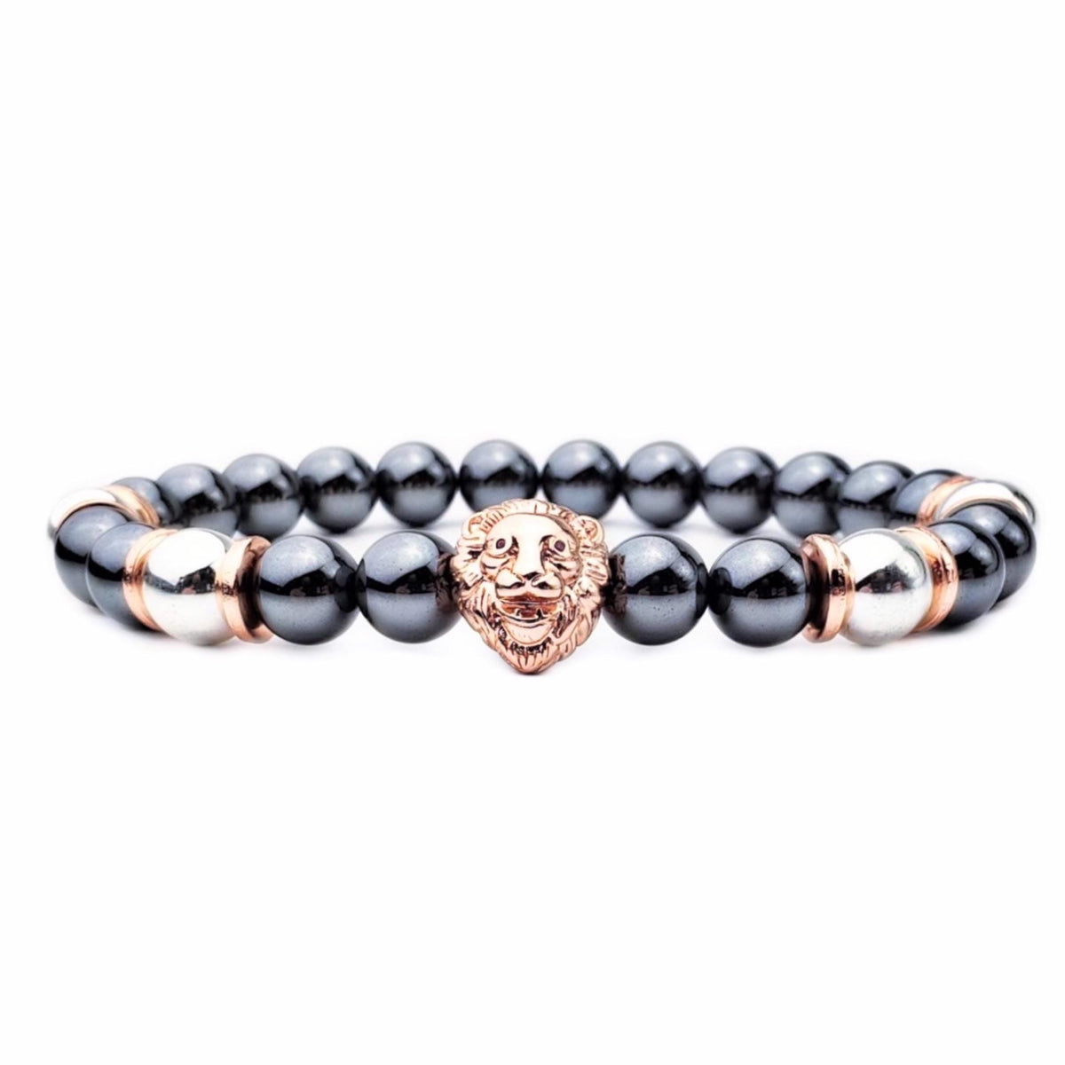 Men's "ROSE GOLD LION" Bracelet| Men's Pave Cubic Zirconia Rose Gold Lion Bracelet| Men's Rose Gold Silver Hematite Gemstone Lion Bracelet