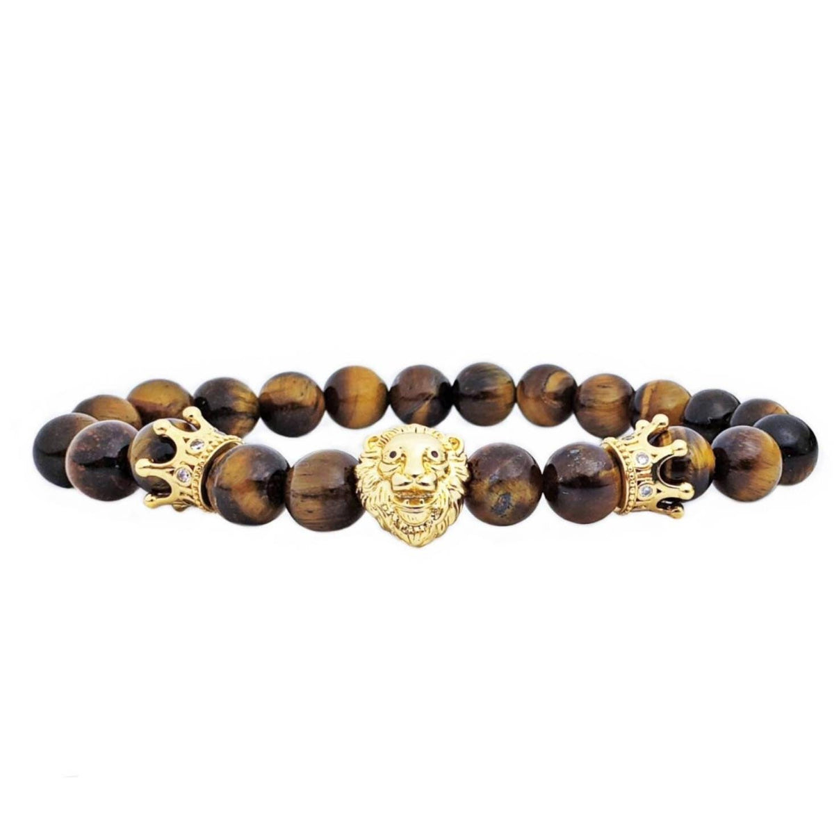 Men's "GOLD CROWNED LION" Bracelet| Men's Pavé Cubic Zirconia Gold Lion Gold Crowns Bracelet| Men's Tiger Eye Gemstone Lion Bracelet