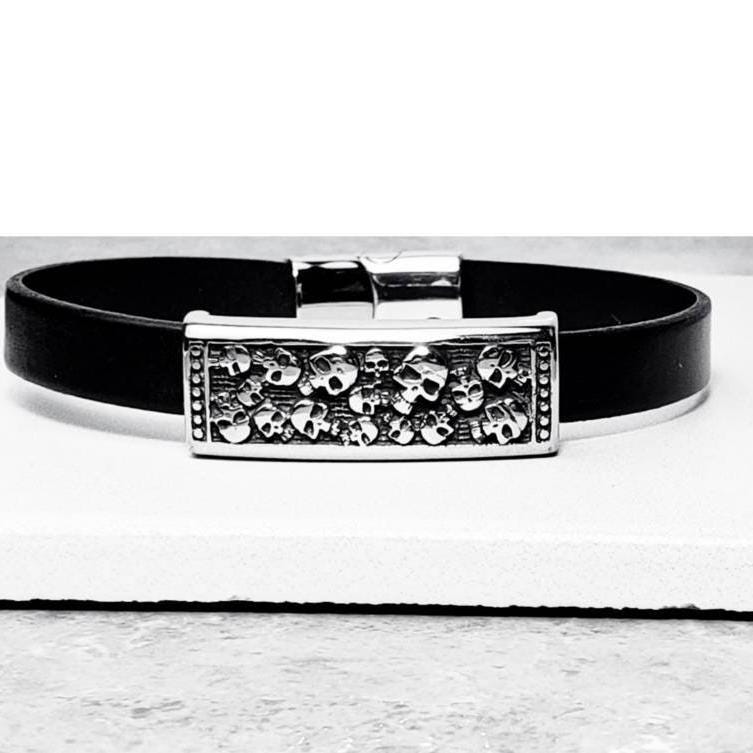 Men's "SKULLS & LEATHER" Bracelet| Men's Silver Stainless Steel Skull Black Leather Bracelet| Men's Stainless Steel Magnetic Clasp Bracelet