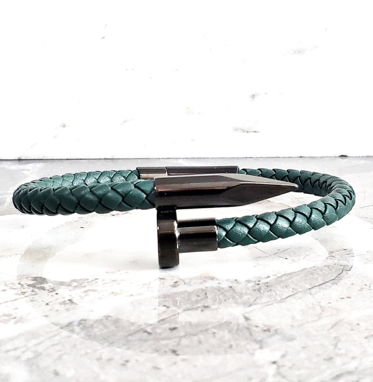 Men's "EMERALD LEATHER CUFF" Bracelet| Men's Emerald Braided Italian Leather Black Stainless Steel Cuff Bracelet