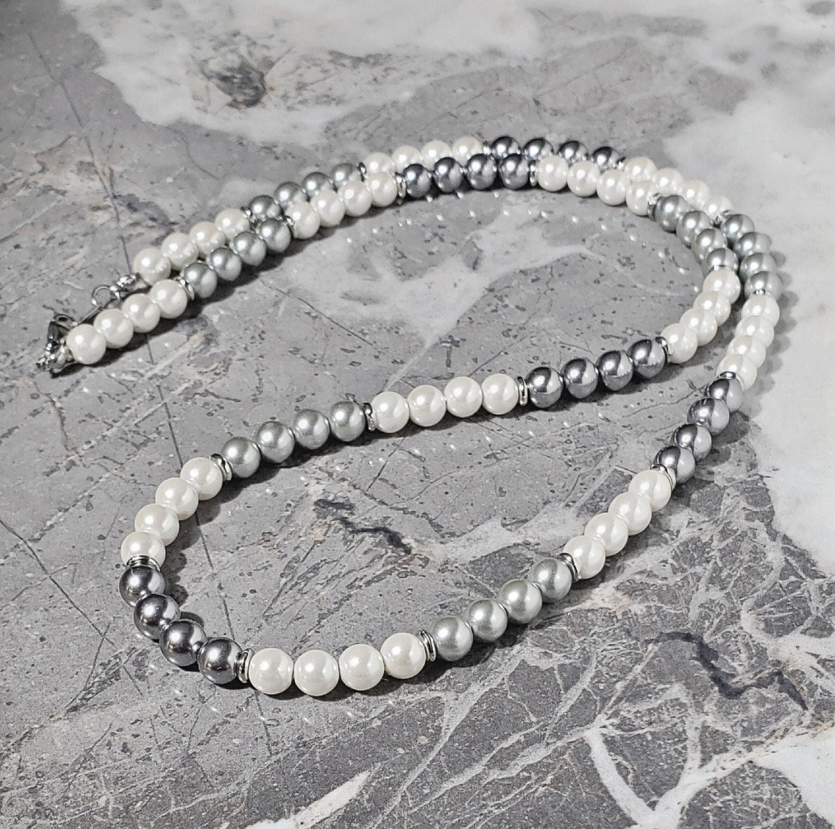 Men's "OMBRE SILVER PEARLS" Necklace| Men's Ombre Ivory Silver Gray Shell Pearls Necklace| Men's Silver Shell Pearls Beaded Necklace