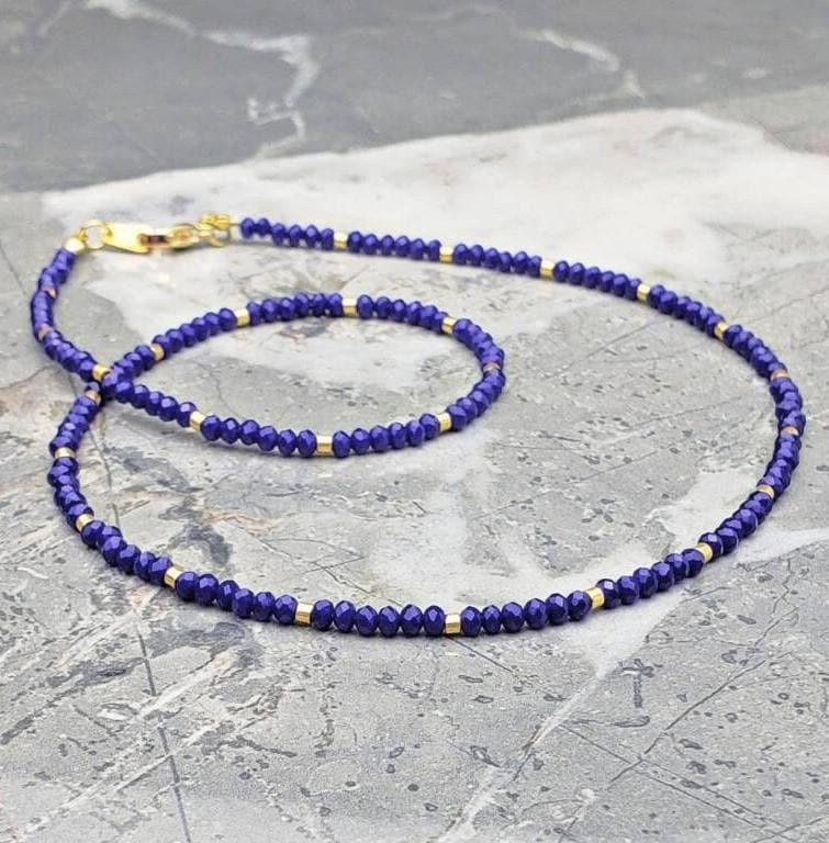 Men's "SAPPHIRE JADE & GOLD" Necklace| Men's Micro Faceted Sapphire Jade Gemstone Necklace| Men's Gold Sapphire Gemstone Bead Necklace