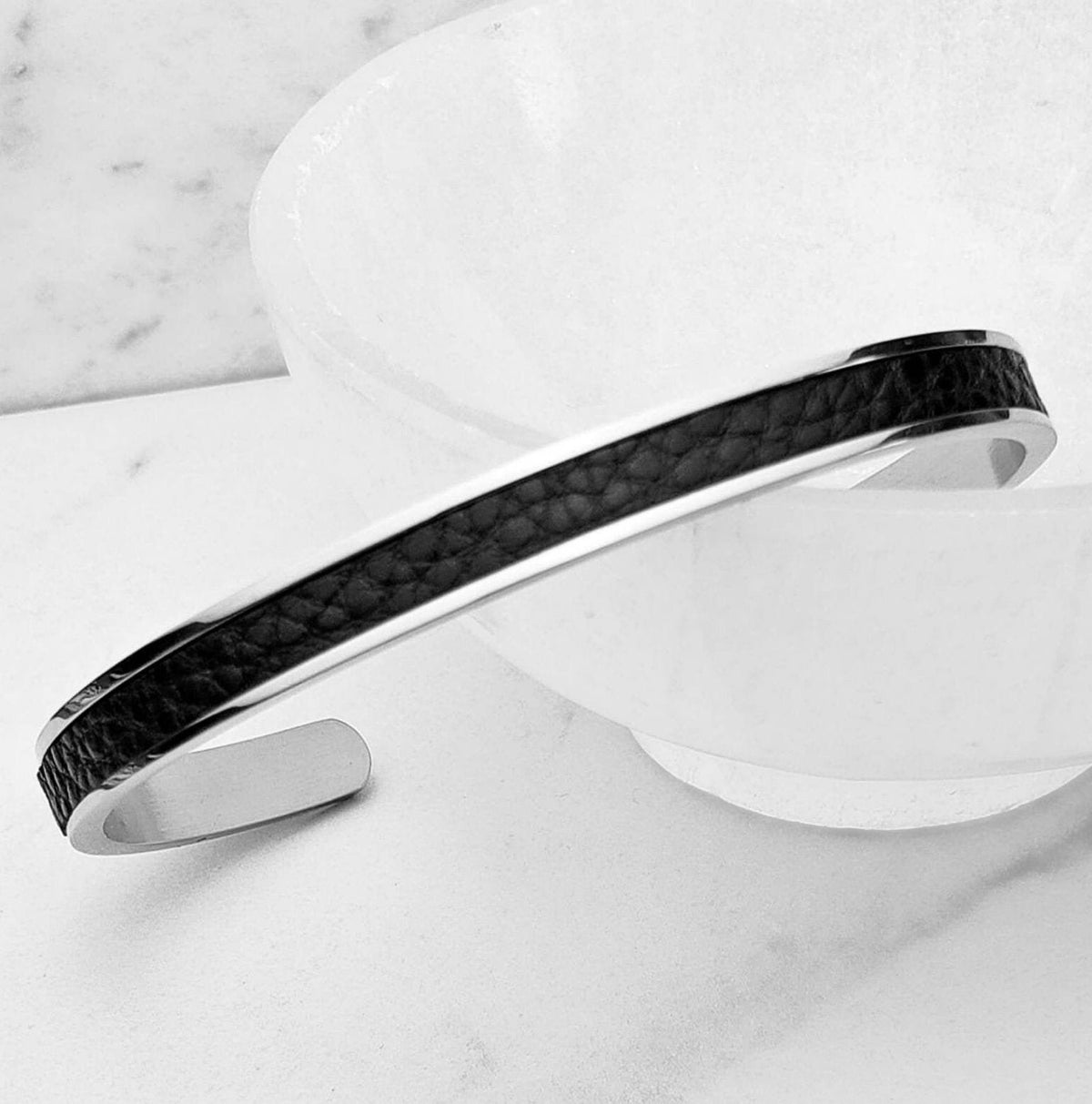 Men's "BLACK LEATHER CUFF" Bracelet| Men's Silver Stainless Steel Black Leather Inlay Cuff Bracelet| Mens Black Leather Silver Cuff Bracelet