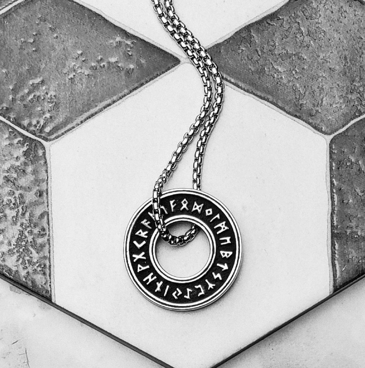 Men's "VIKING RUNES RING" Necklace| Men's Silver Stainless Steel Runes Ring Medallion Pendant Necklace| Men's Silver Box Chain Necklace