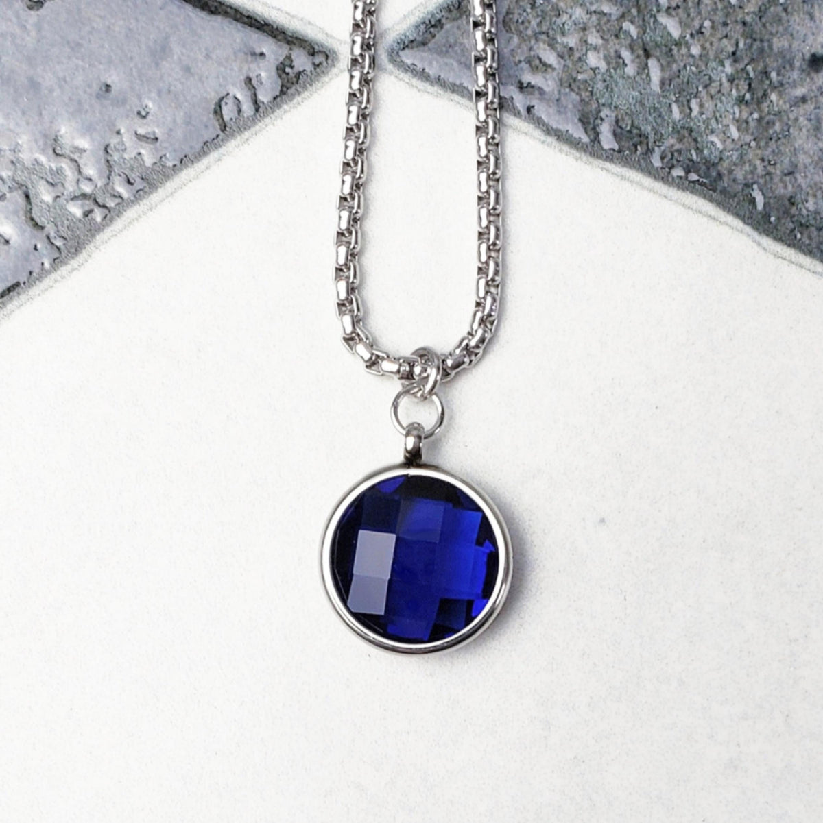 Men's "SILVER SAPPHIRE COIN" Necklace| Men's Silver Stainless Steel Micro-Faceted Sapphire Cubic Zirconia Coin Pendant Necklace