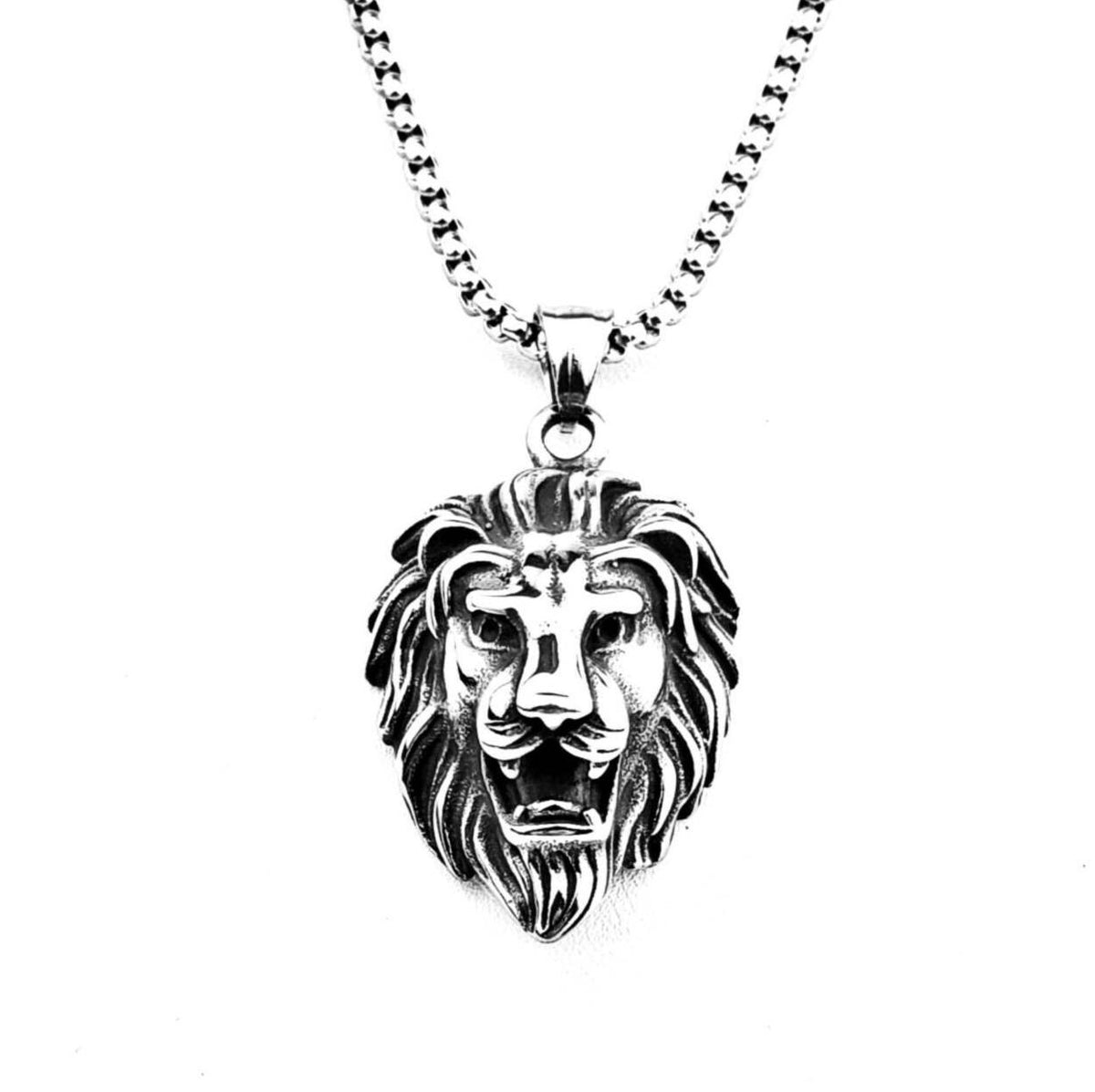 Men's "LUX LION" Necklace| Men's Silver Stainless Steel Lion Pendant Necklace| Men's Silver Stainless Steel Box Chain Necklace