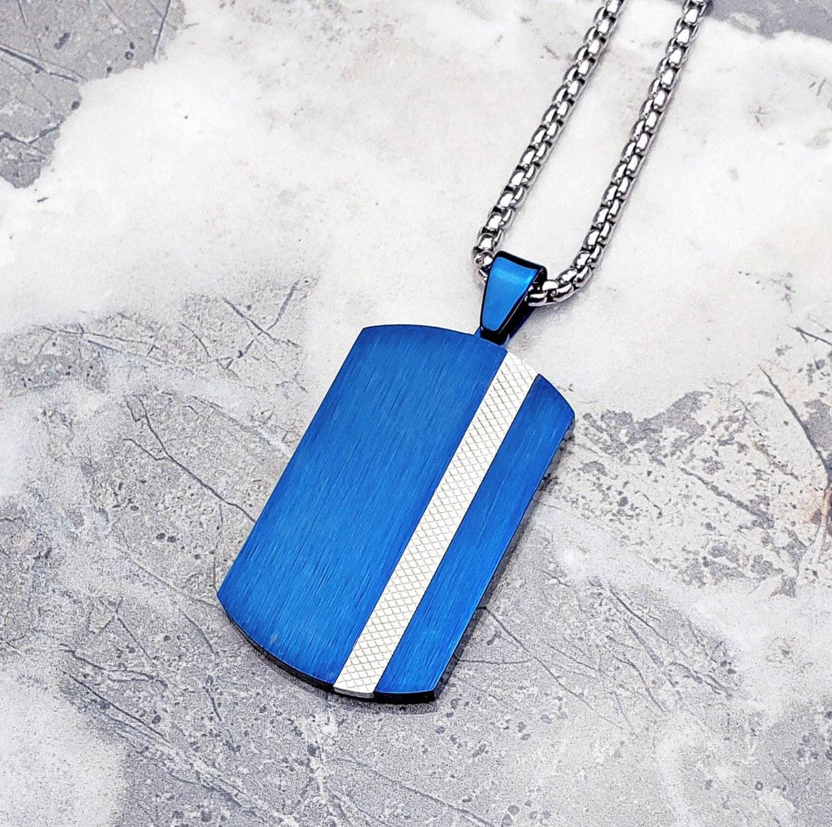 Men's "MATTE BLUE TAG" Necklace| Men's Matte Blue & Silver Stainless Steel Dog Tag Pendant Necklace| Men's Silver Box Chain Necklace