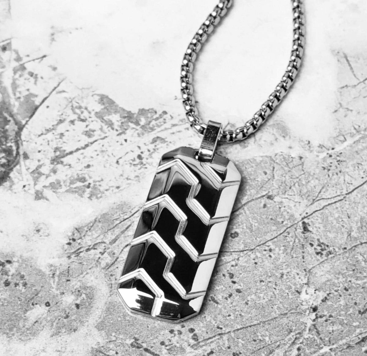 Men's "SILVER CHEVRON TAG" Necklace| Men's Silver Stainless Steel Sculpted Chevron Dog Tag Pendant Necklace| Men's Silver Box Chain Necklace