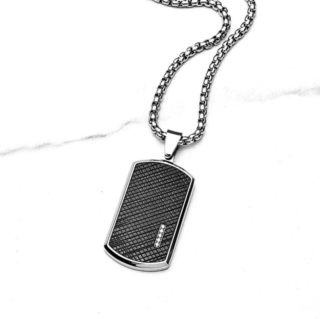 Men's "FORGED CARBON TAG" Necklace| Men's Silver Stainless Steel Engraved Black Carbon Fiber Dog Tag Pendant Necklace| Mens Chain Necklace