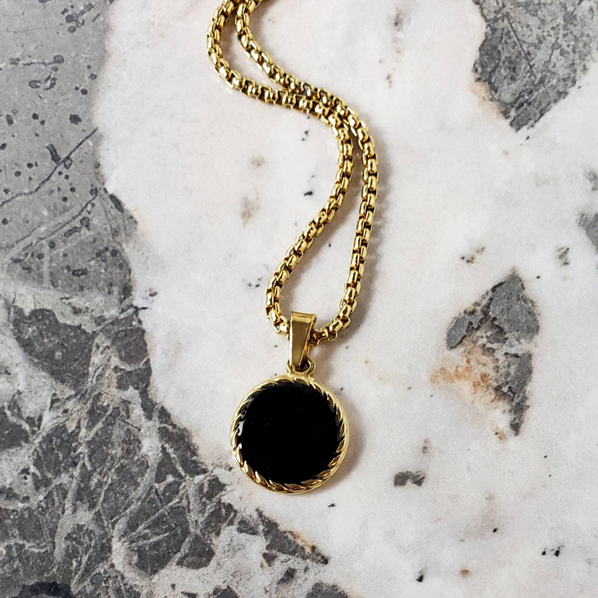 Men's "GOLD ONYX COIN" Necklace| Men's Gold Stainless Steel Onyx Coin Pendant Necklace| Men's Gold Stainless Steel Box Chain Necklace