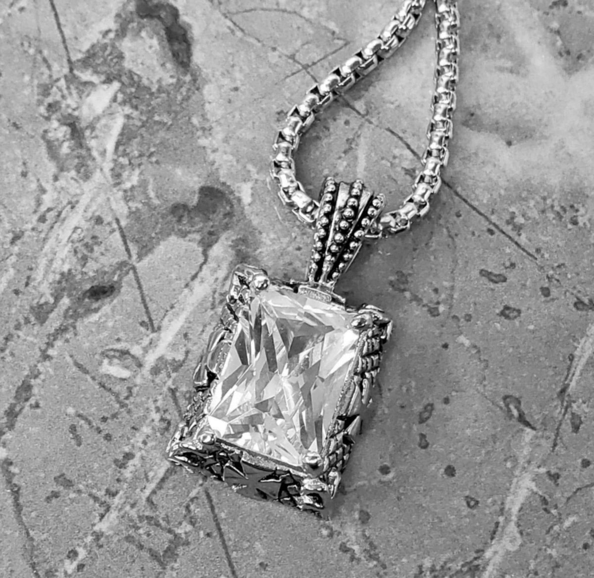Men's "QUARTZ CROSS TAG" Necklace| Men's Quartz Gemstone Silver Stainless Steel Cross Pendant Necklace| Men's Silver Box Chain Necklace