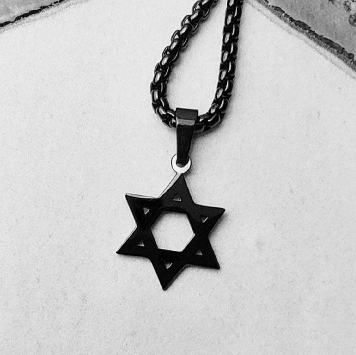 Men's "BLACK STAR of DAVID" Necklace| Men's Black Stainless Steel Mini Star of David Pendant Necklace| Mens Black Box Chain Necklace