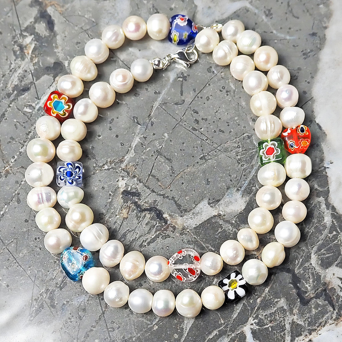Men's "PEARLS & MILLEFIORI" Necklace| Men's Freshwater Pearls Multicolor Millefiori Beaded Necklace| Men Freshwater Pearl Beaded Necklace