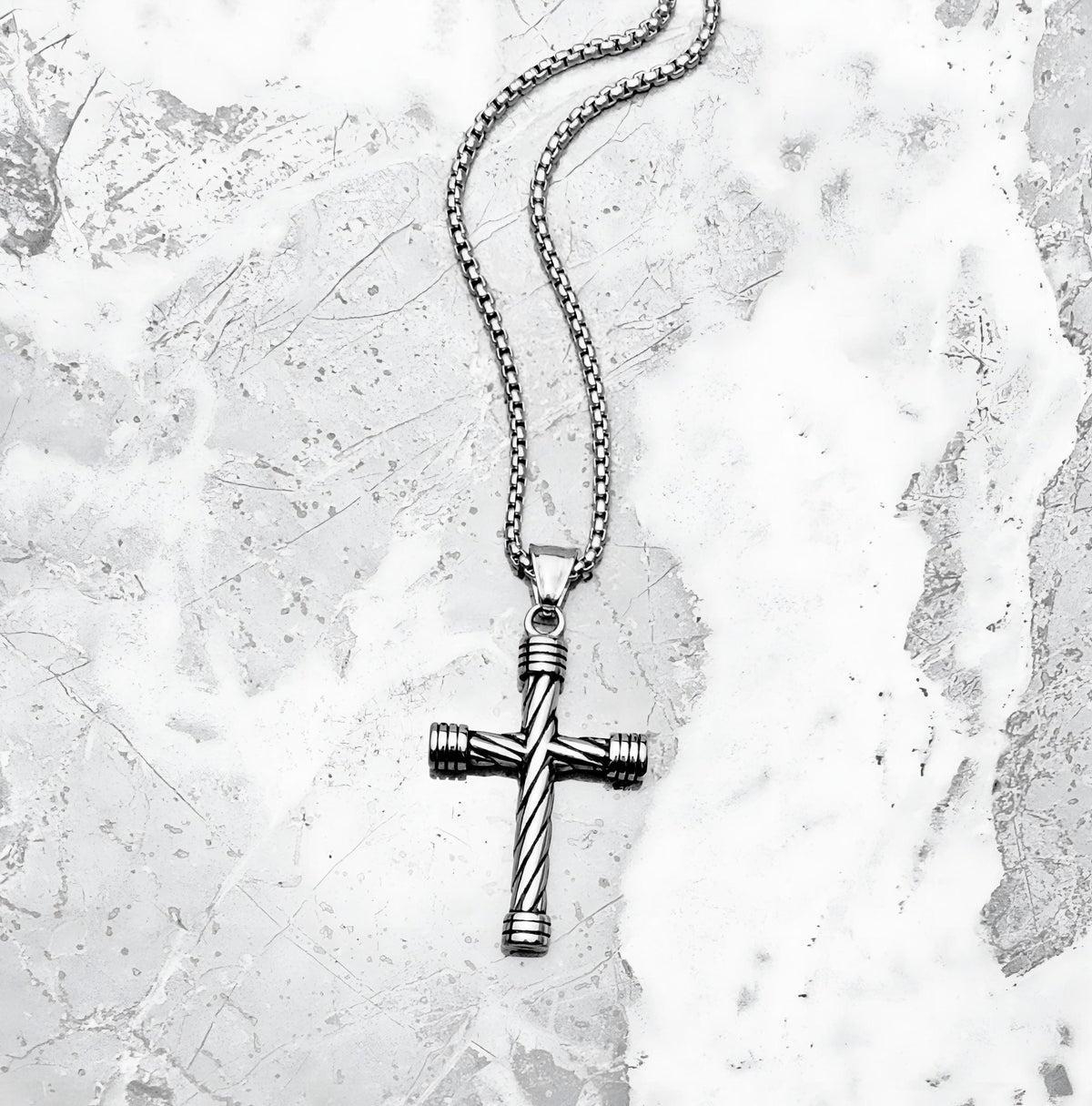Men's "TWISTED CROSS" Necklace| Men's Silver Stainless Steel Twisted Cross Pendant Necklace| Men's Silver Stainless Steel Box Chain Necklace