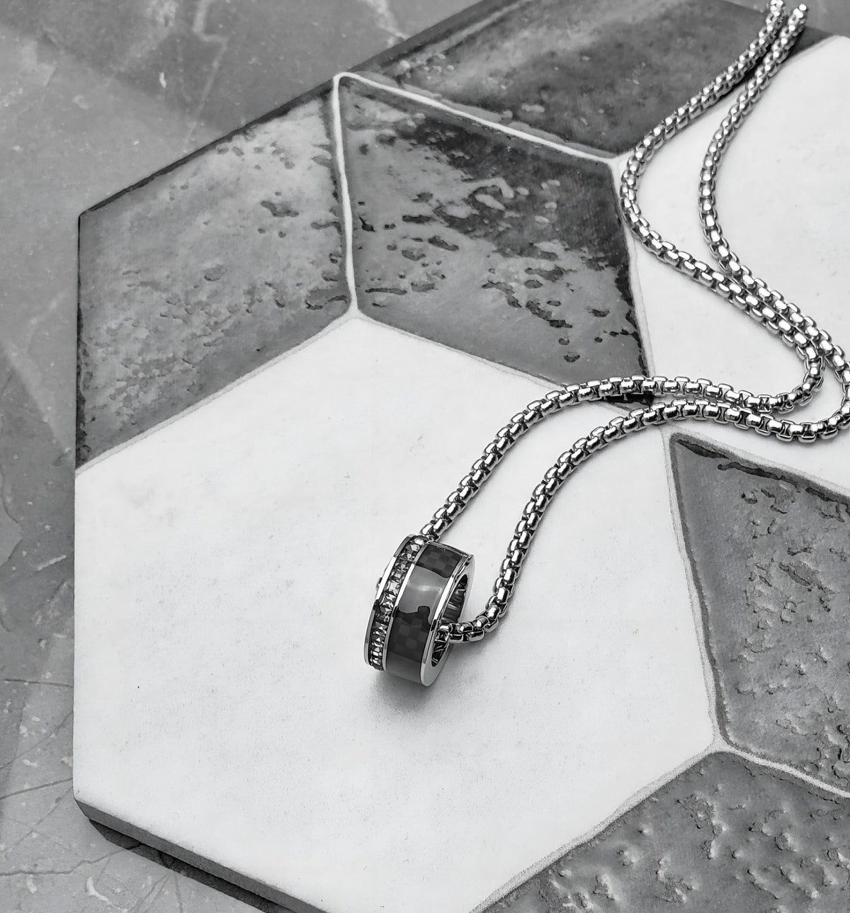 Men's "BLACK CARBON FIBER" Necklace| Men's Pavé Cubic Zirconia Silver Stainless Steel Black Carbon Fiber Column Pendant Necklace