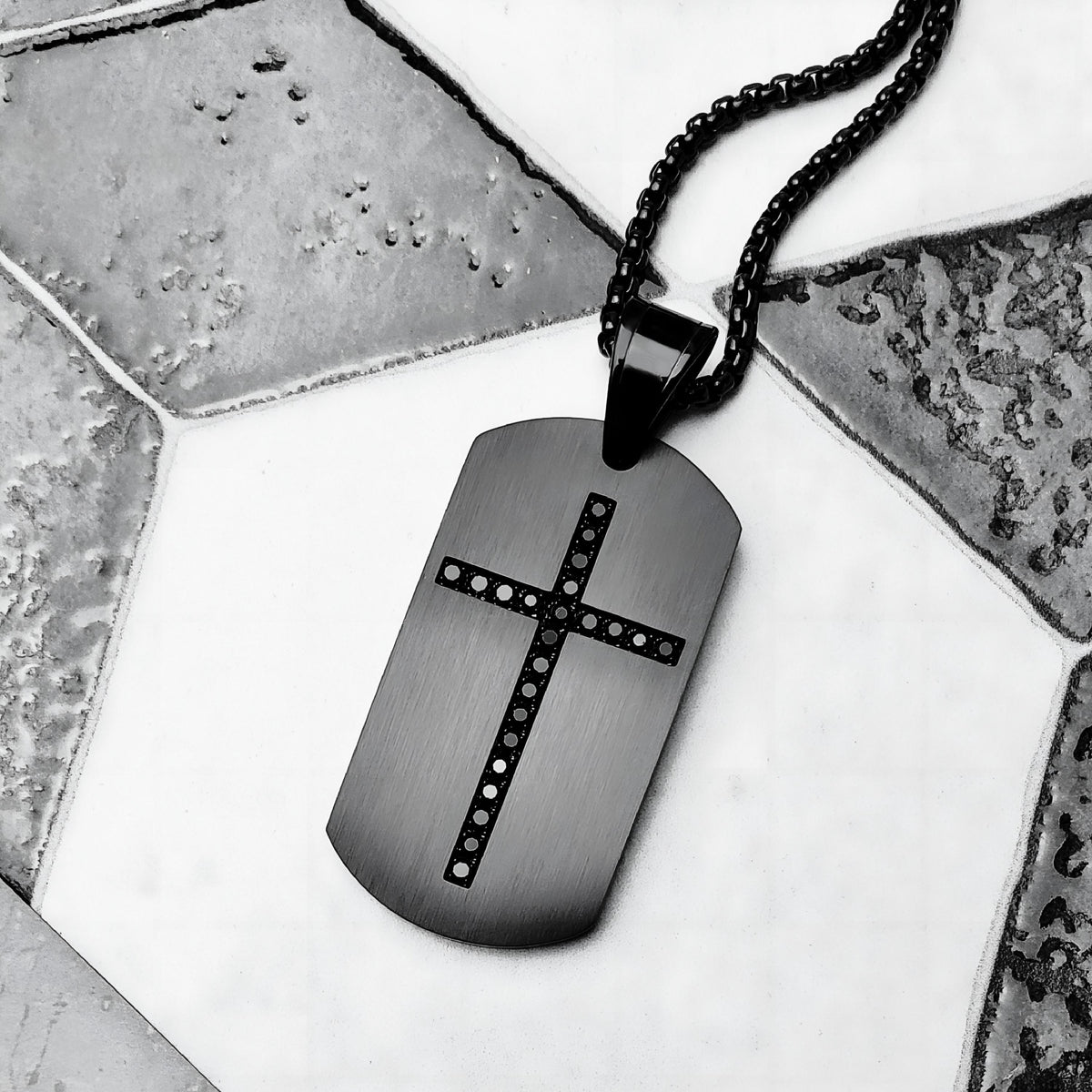 Men's "CROSS DOG TAG" Necklace| Men's Matte Black Stainless Steel Pave Black Cubic Zirconia Cross Dog Tag Pendant Necklace