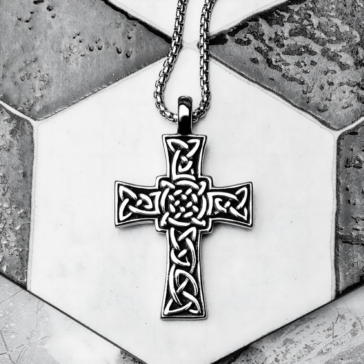 Men's "CELTIC KNOT CROSS" Necklace| Men's Silver Stainless Steel Celtic Knot Cross Pendant Necklace| Men's Silver Box Chain Necklace