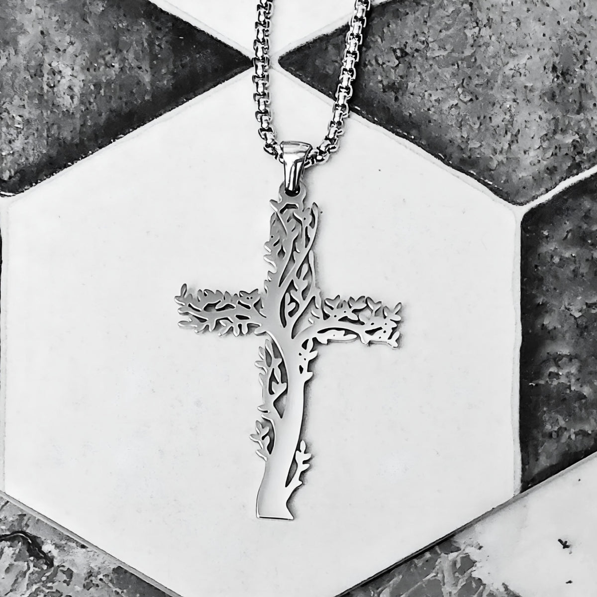 Men's "TREE of LIFE CROSS" Necklace| Men's Silver Stainless Steel Tree of Life Cross Pendant Necklace| Men's Silver Box Chain Necklace