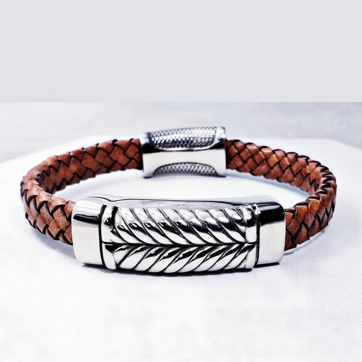 Men's "CHEVRON LEATHER" Bracelet| Men's Cognac Brown Braided Italian Leather Bracelet| Men's Silver Stainless Steel Magnetic Clasp Bracelet
