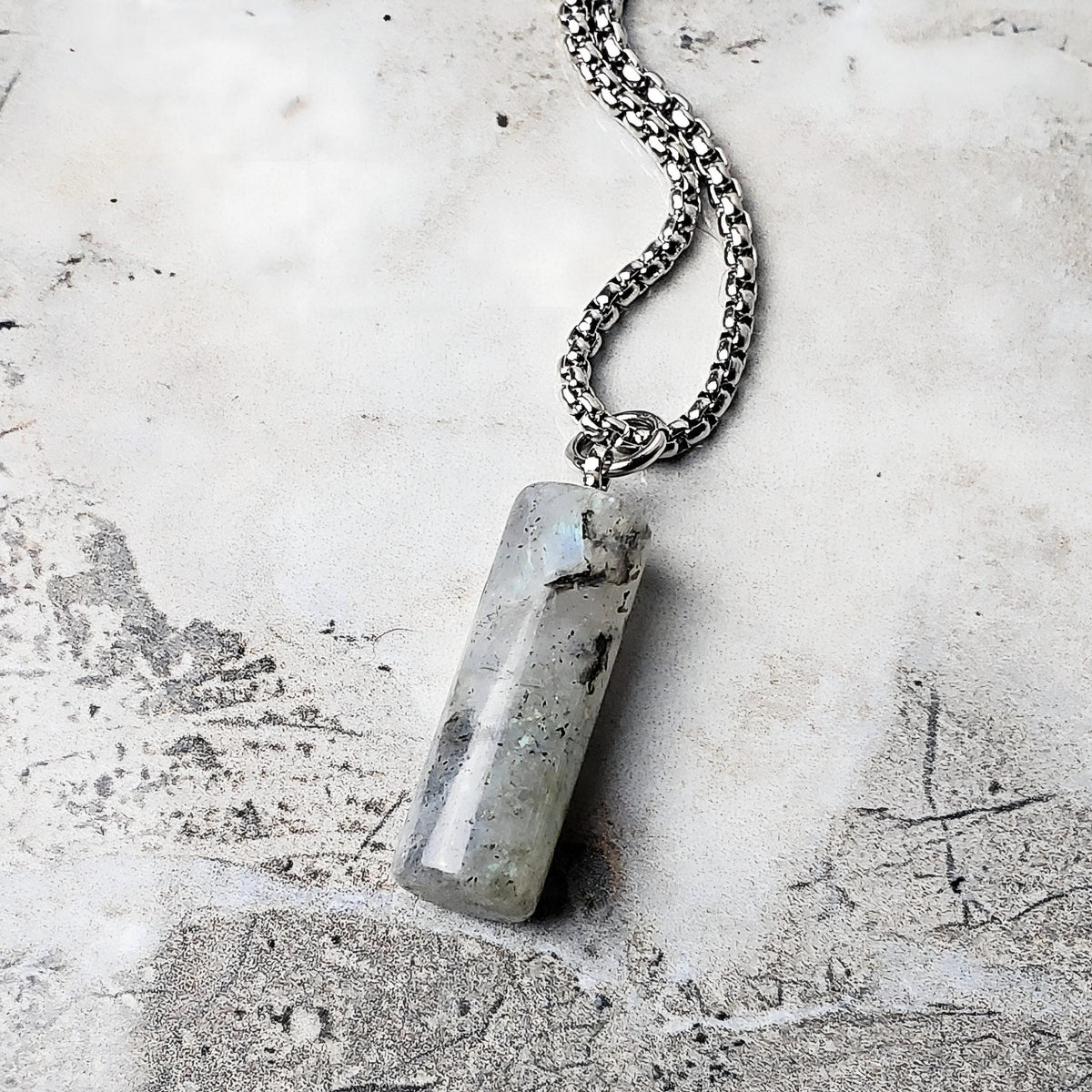 Men's "LABRADORITE COLUMN" Pendant Necklace| Men's Labradorite Stone Column Pendant Necklace| Mens Silver Stainless Steel Box Chain Necklace