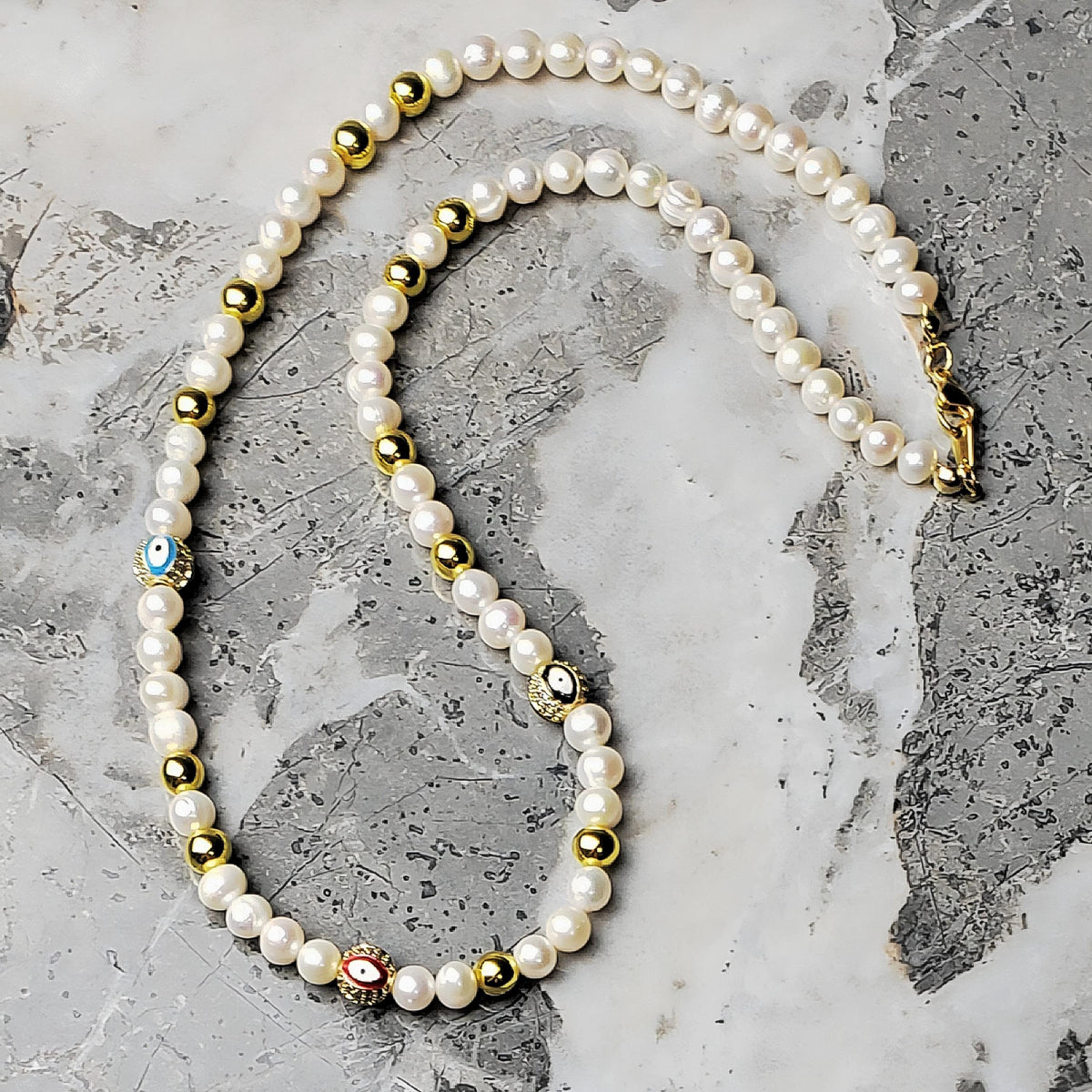 Men's "EVIL EYE & PEARLS" Necklace| Men's Pavé Cubic Zirconia Gold Stainless Steel Evil Eye Gold Hematite Freshwater Baroque Pearl Necklace