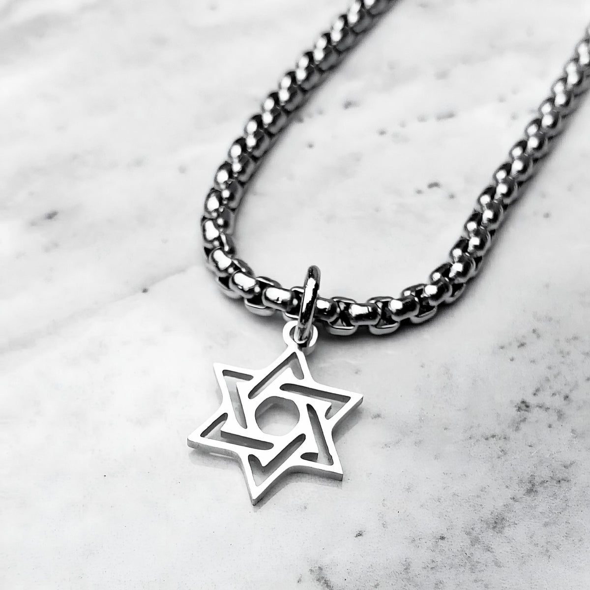 Men's "DECO STAR of DAVID" Necklace| Men's Silver Stainless Steel Deco Star of David Coin Pendant Necklace| Men's Silver Box Chain Necklace