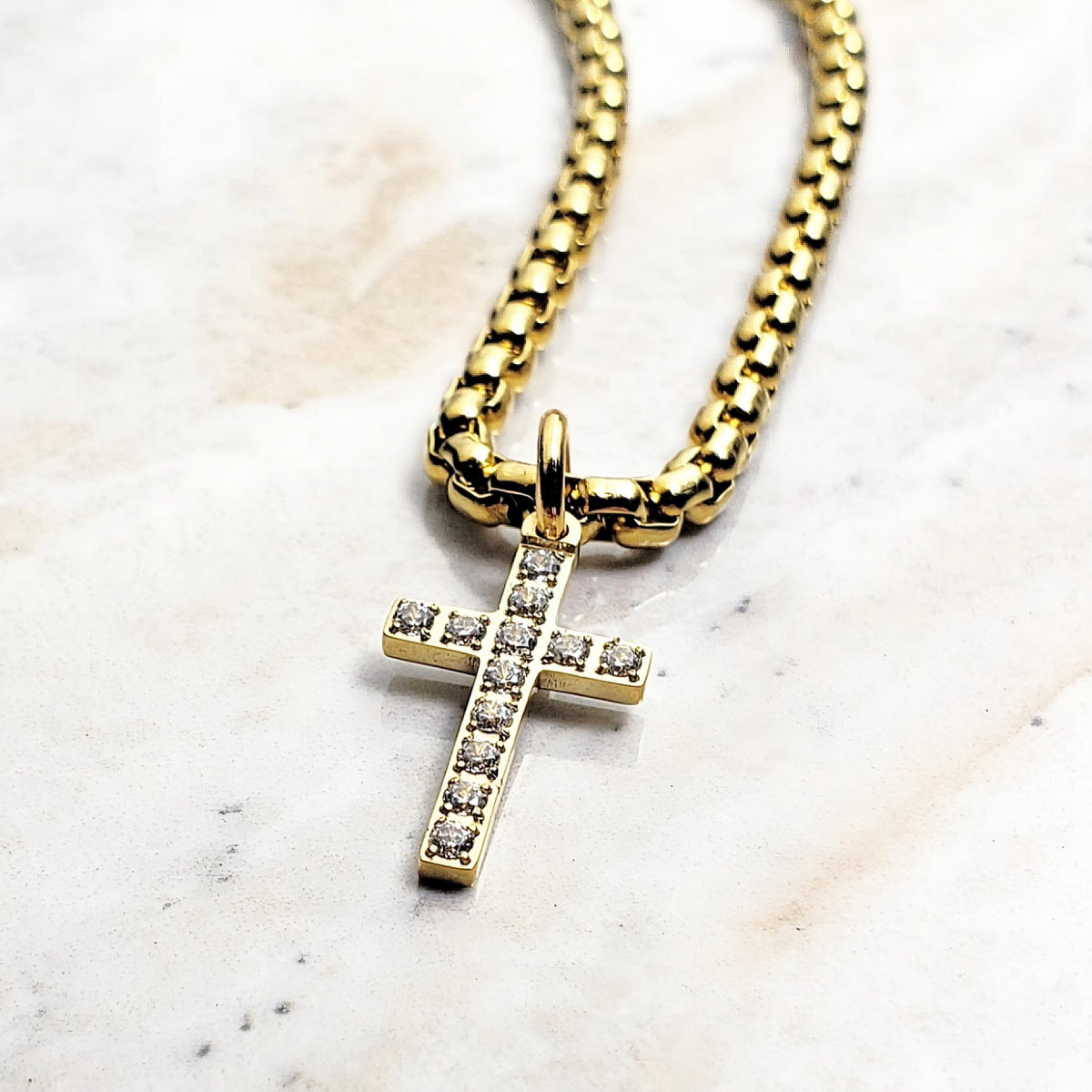 Men's "GOLD PAVÉ CROSS" Necklace| Men's Gold Stainless Steel Pavé Cubic Zirconia Mini Cross Pendant Necklace| Men's Gold Box Chain Necklace