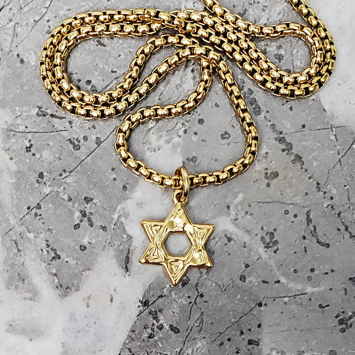 Men's "RUSTIC STAR of DAVID" Necklace| Men's Gold Stainless Steel Star of David Pendant Necklace| Mens Stainless Steel Box Chain Necklace