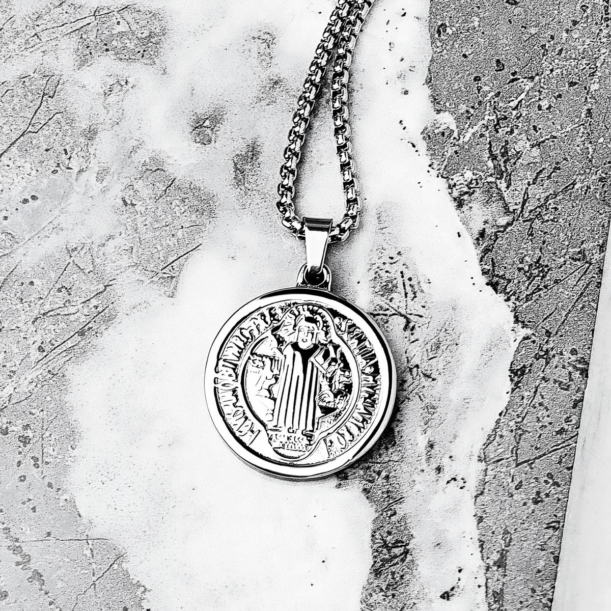 Men's "SAINT BENEDICT MEDALLION" Necklace| Men's Silver Stainless Steel Saint Benedict Coin Pendant Necklace| Mens Silver Box Chain Necklace
