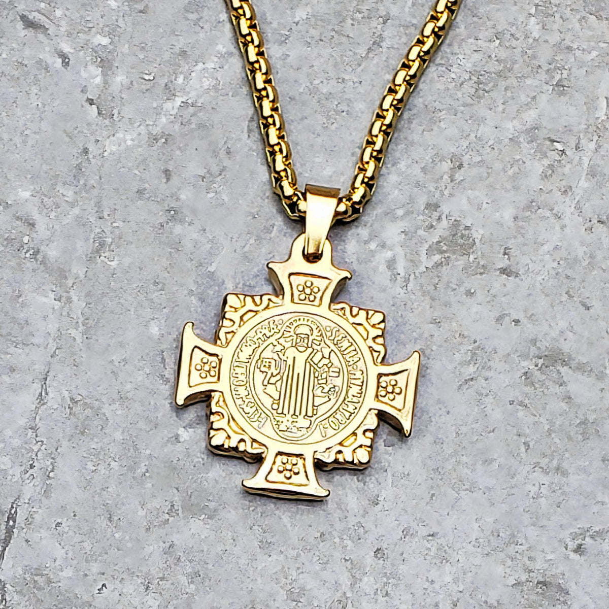 Men's "SAINT BENEDICT CROSS" Necklace| Men's Gold Stainless Steel Saint Benedict Cross Pendant Necklace| Men Gold Box Chain Necklace