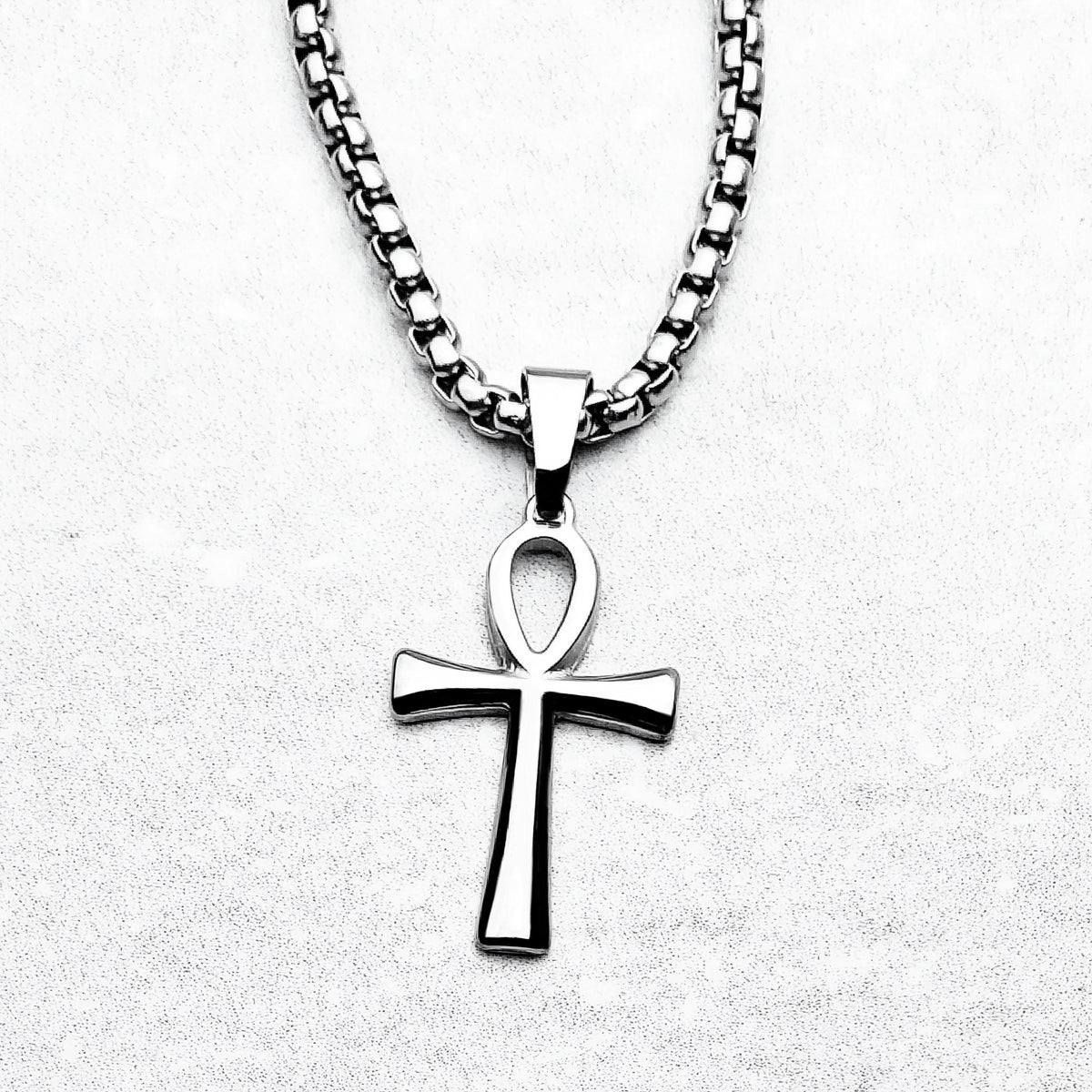 Men's "SILVER ANKH" Necklace| Men's Silver Stainless Steel Ankh Pendant Necklace| Men's Silver Stainless Steel Box Chain Necklace