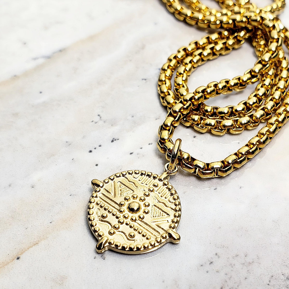 Men's "GOLDEN TRIBAL SHIELD" Necklace| Men's Gold Stainless Steel Tribal Shield Pendant Necklace| Men's Gold Box Chain Necklace