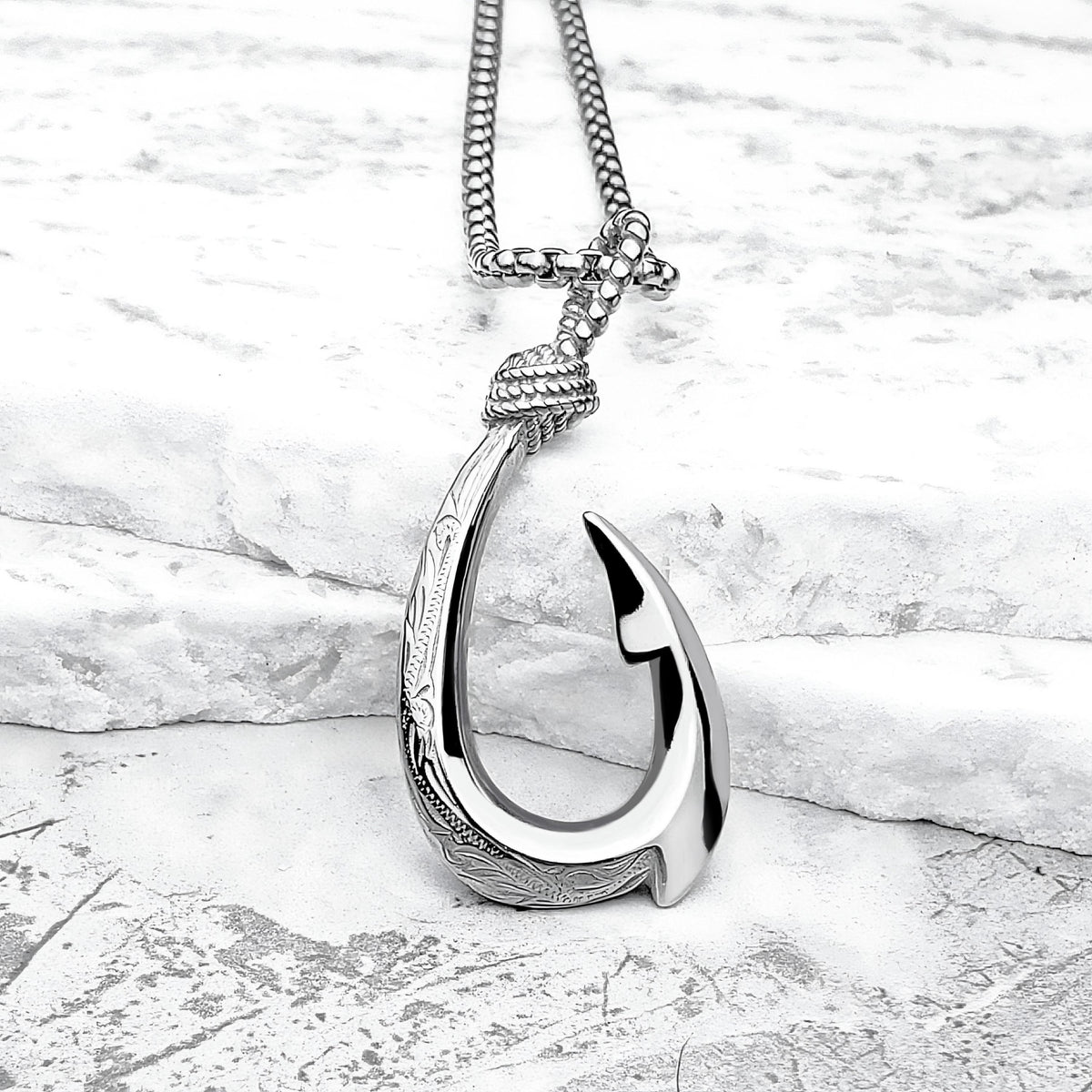 Men's "TRIBAL FISH HOOK" Necklace| Men's Silver Stainless Steel Reversible Tribal Fish Hook Pendant Necklace| Men's Silver Chain Necklace